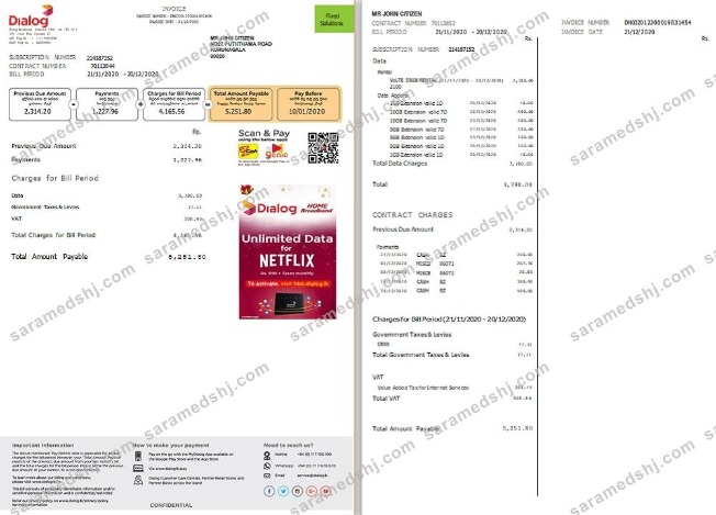 Sri Lanka Dialog utility bill template in Word and PDF format (2 pages)